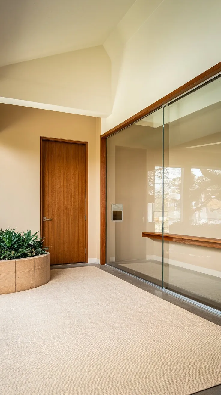 Step into serenity. The mid-century modern design of this foyer, with its frameless glass wall offering a glimpse of what lies beyond, and the warm tones of the wood and beige, creates a welcoming and tranquil atmosphere. A perfect blend of form and function.