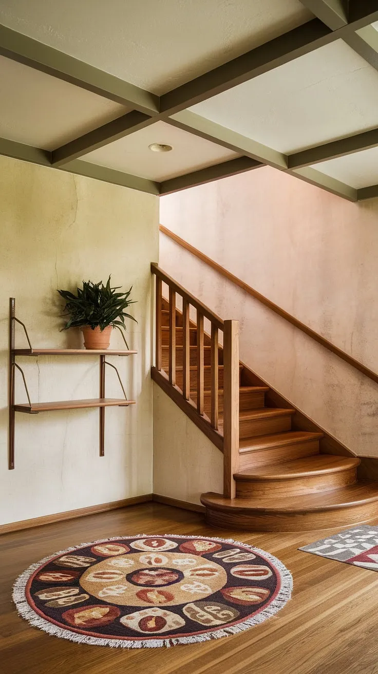 Step into mid-century modern elegance. The warm beige plaster walls, exposed beams, and rich wood of the staircase create a welcoming atmosphere, perfectly complemented by the circular rug and a touch of greenery. A timeless design that effortlessly blends comfort and style. A true testament to classic architecture.