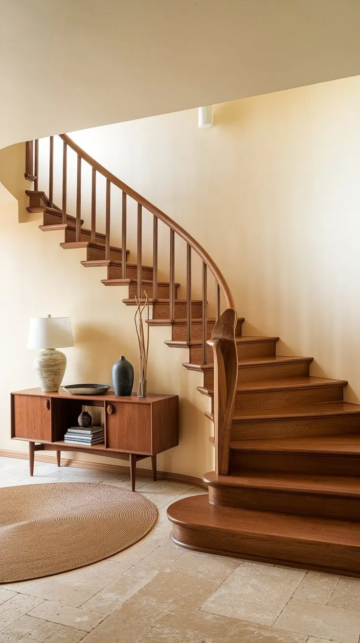 A curated collection of mid-century details unfolds in this stunning foyer. The unique staircase design is a focal point, its graceful curve leading the eye upward. A sense of understated luxury is achieved through the careful selection of materials and furnishings. A truly captivating entrance, this space promises a journey through sophisticated design. A home filled with character and charm.