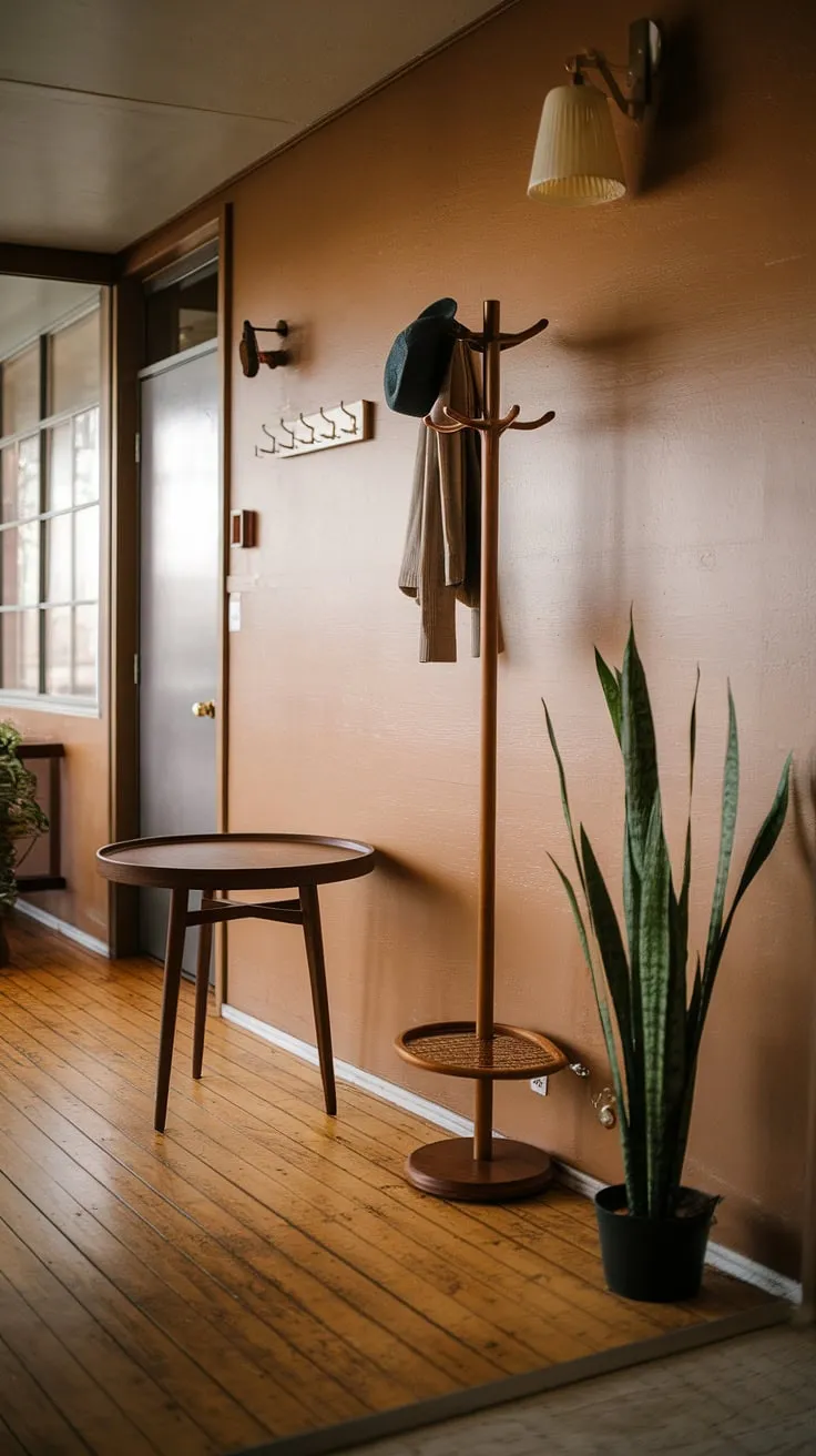 Stepping into this mid-century modern foyer feels like stepping back in time, a warm embrace of rich wood tones and thoughtful design. The simple elegance of the round table, the practical coat rack with its stylish hats, and the vibrant green plant all contribute to a space that's both functional and aesthetically pleasing. A perfect blend of form and function, this entryway welcomes you home.