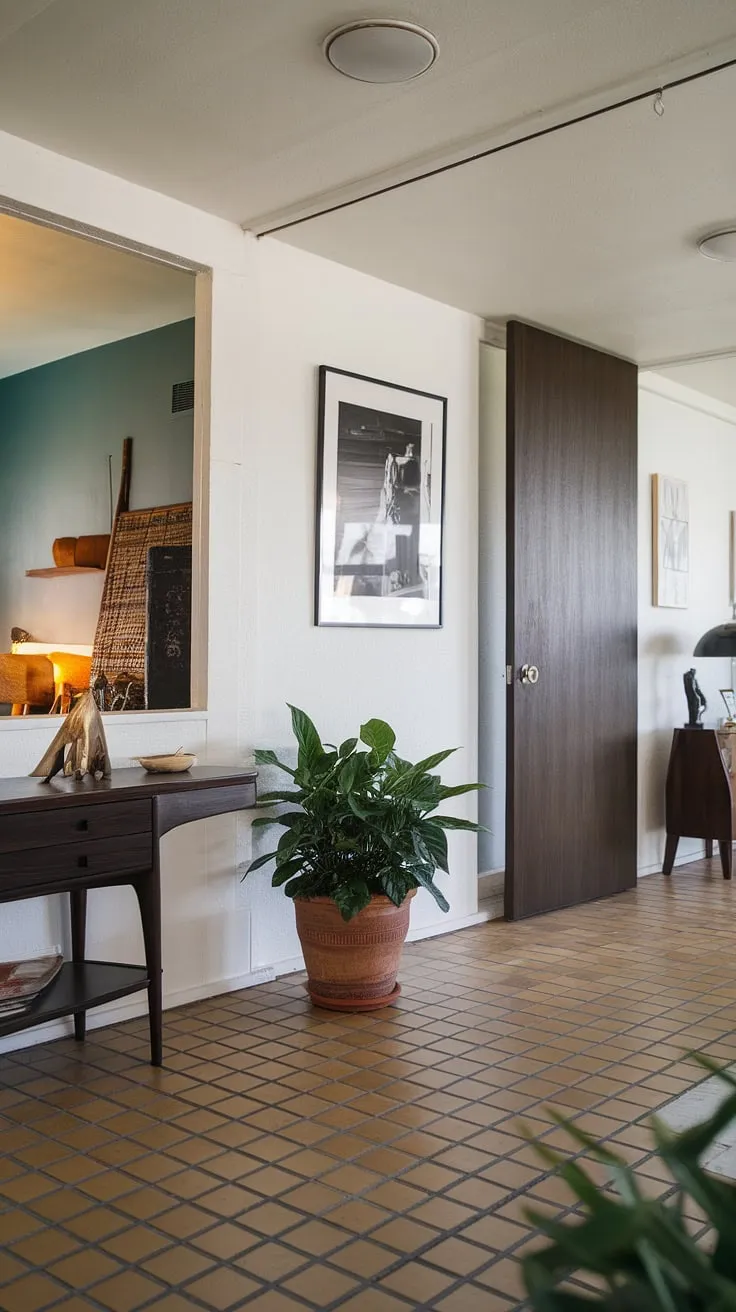 A study in contrasts: the clean lines of the mid-century modern design are beautifully balanced by the rich tones of the dark wood console and door. A carefully chosen black and white photograph and a simple potted plant add personality to this welcoming foyer, creating a space that is both stylish and inviting. A perfect example of understated luxury.