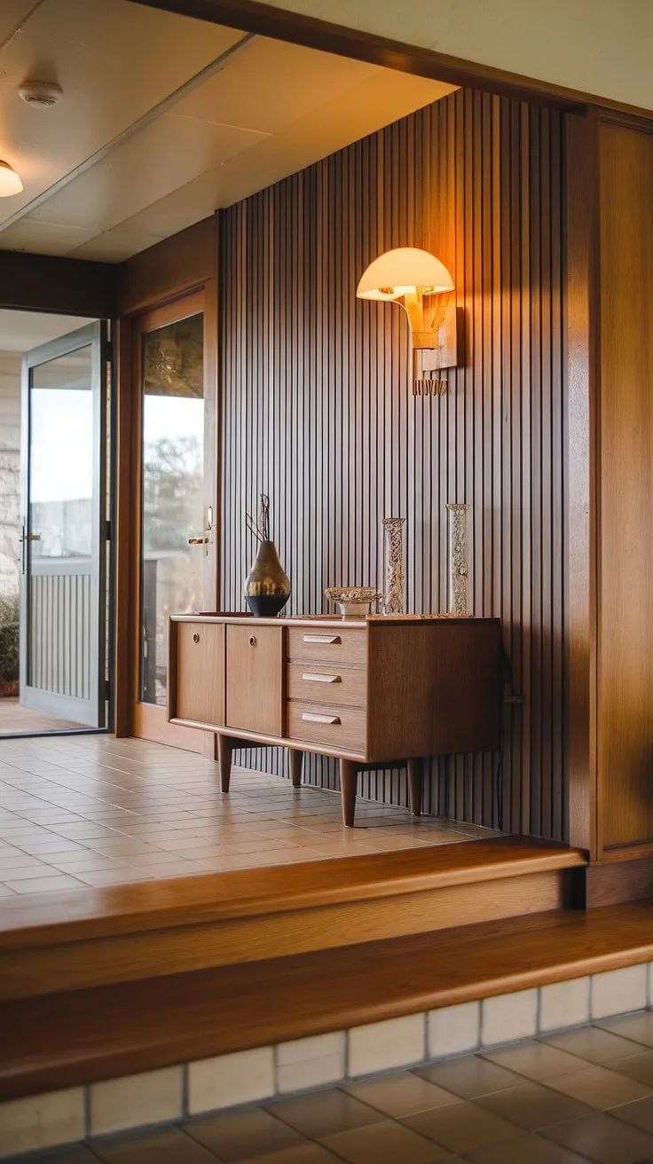 Warm light spills across the richly textured wood paneling of this mid-century modern foyer, highlighting the elegant simplicity of the wooden step, cabinet, and wall lamp. A timeless design that effortlessly blends form and function.
