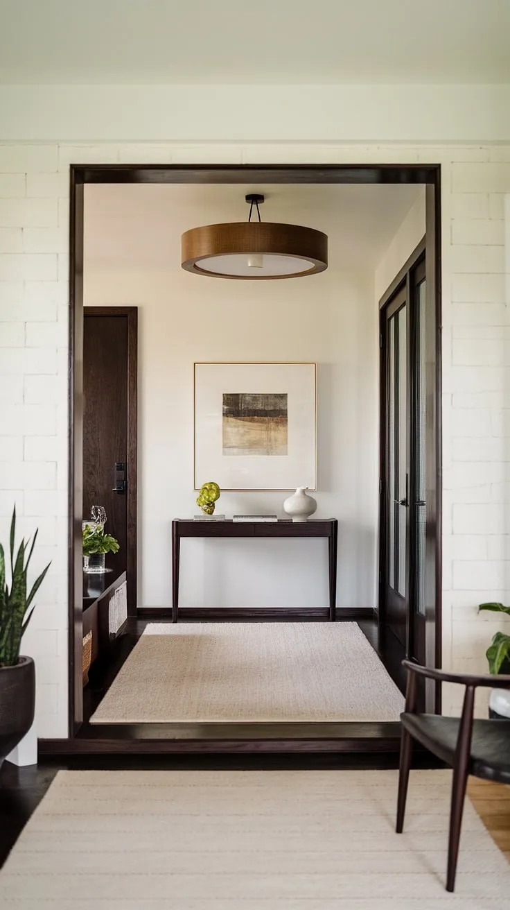 Step into serenity. The warm glow of the mid-century modern lampshade, the rich tones of the dark wood, and the calming white walls create a welcoming foyer-a perfect blend of style and tranquility. A space designed for effortless elegance.