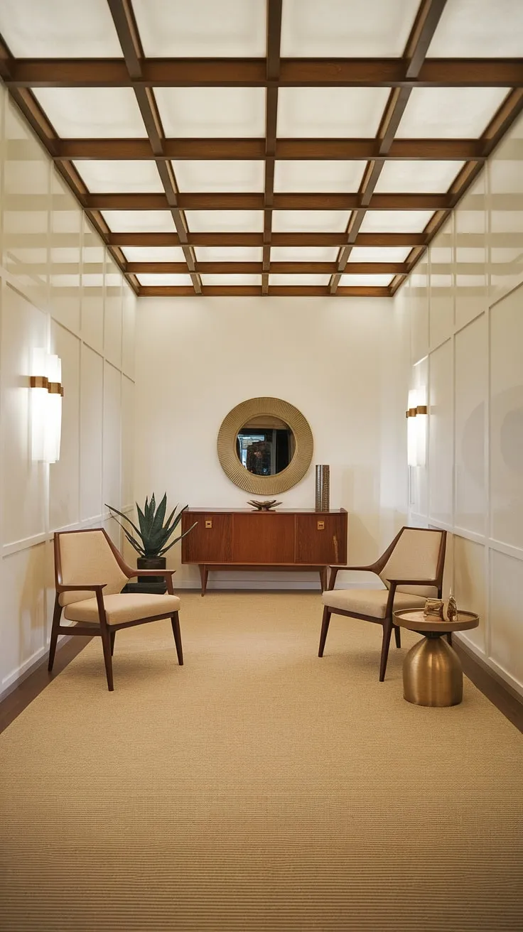 Step into serenity. This mid-century modern foyer, bathed in natural light, welcomes you with its warm beige carpet, clean white walls, and the subtle gleam of brass accents on the console table and side table. The wooden beams overhead add a touch of architectural artistry, creating a space that is both elegant and effortlessly inviting. A perfect blend of form and function, this entryway sets the tone for the home beyond.
