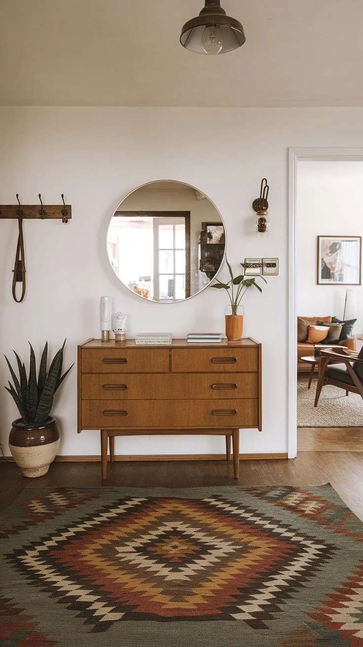Step into a world of refined simplicity. This foyer effortlessly blends mid-century modern aesthetics with a touch of vintage charm. A repurposed wooden dresser serves as a stylish console table, reflecting light from the large round mirror above. The geometric rug grounds the space, while the strategically placed plant and vintage lamp add personality. A truly captivating entryway that sets the tone for the entire home.