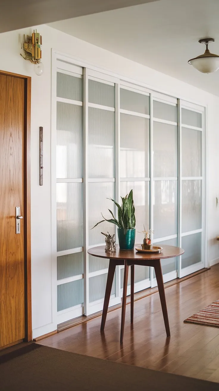 This mid-century modern foyer is a study in understated elegance. A classic wooden door contrasts beautifully with the wall of glass sliders, flooding the space with natural light. A small, perfectly placed round table, along with a few carefully chosen decorative items, completes the scene, showcasing a timeless design that feels both fresh and familiar.