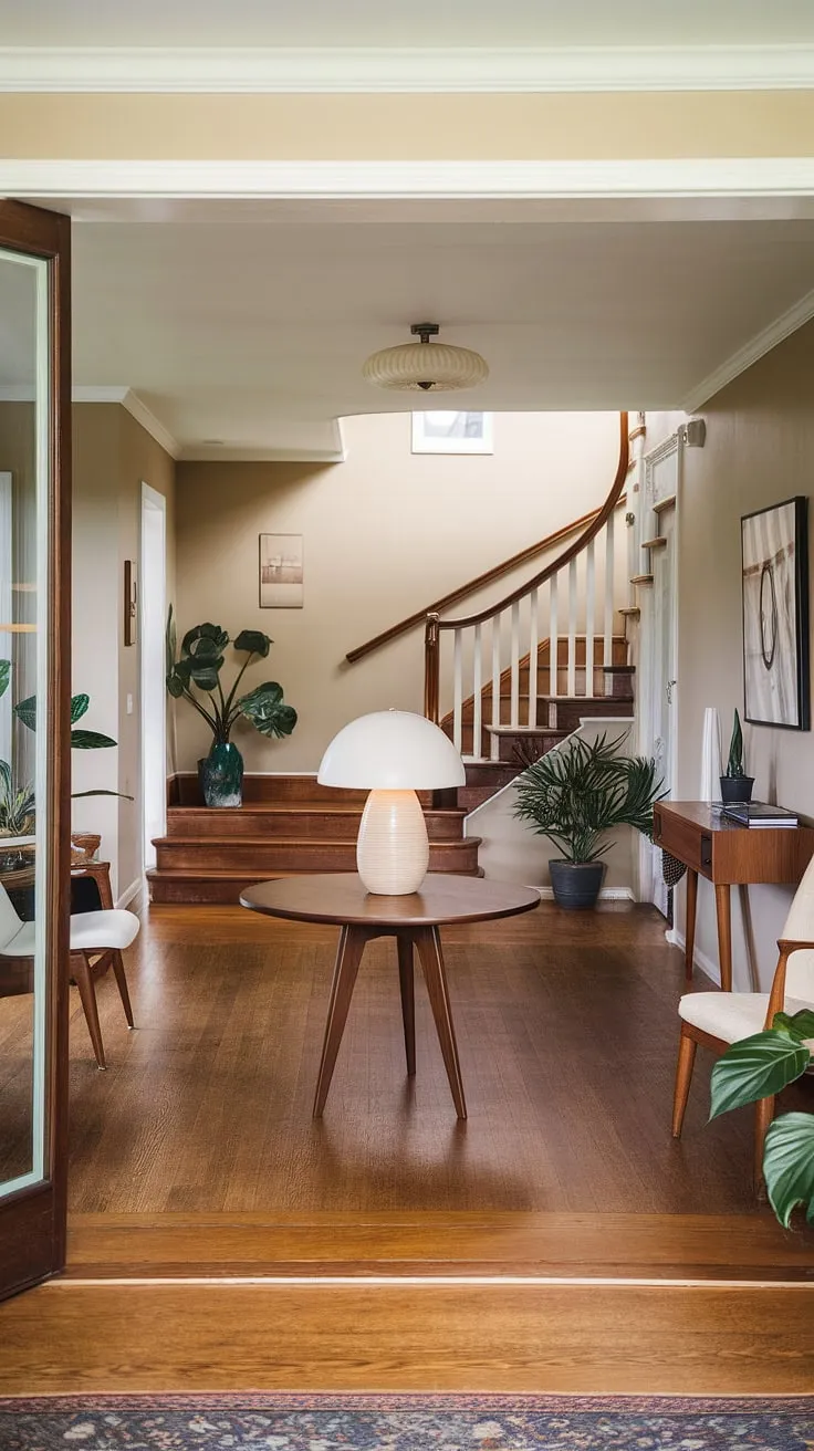 Warm wood tones and soft beige walls create a welcoming atmosphere in this mid-century modern foyer. The gentle curve of the staircase, accented by a crisp white railing, leads the eye upward, while the round wooden table, topped with a simple white lamp, provides a focal point of understated elegance. A few strategically placed potted plants add a touch of life and vibrancy to the space.