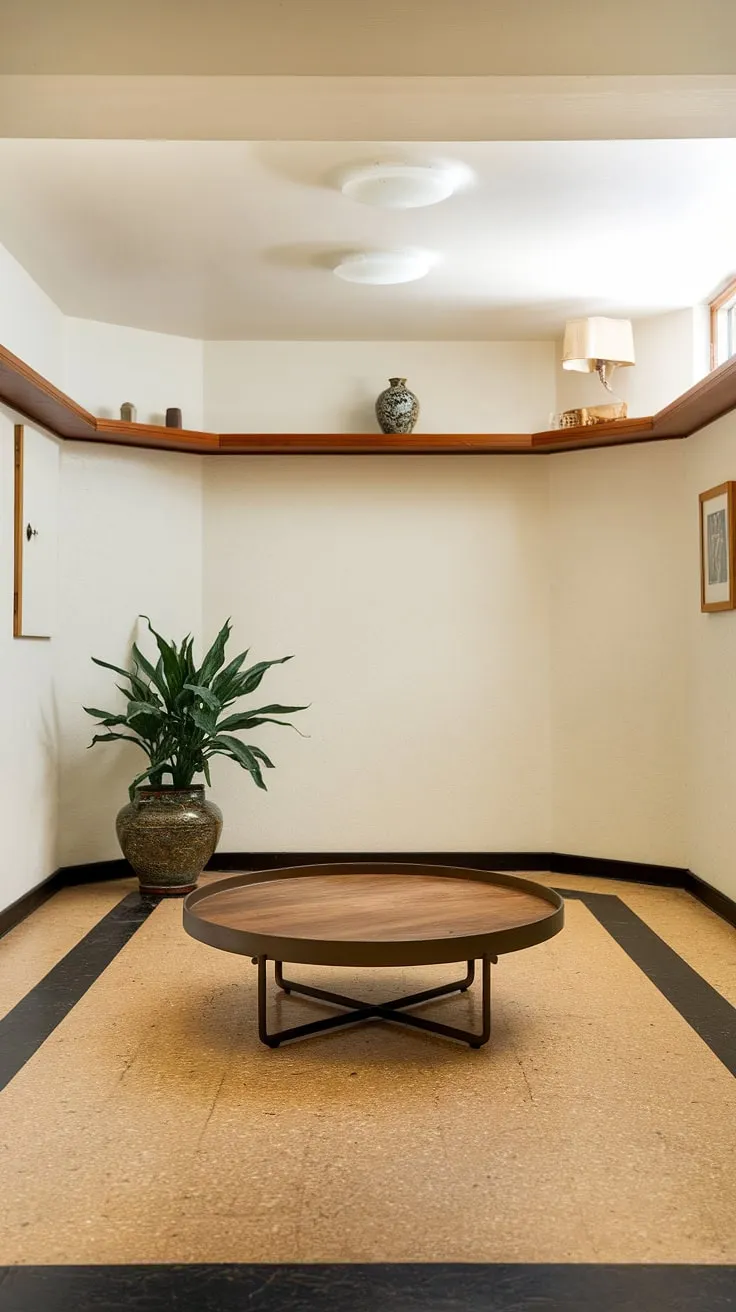Sunlight streams into this airy foyer, illuminating the carefully curated details. The low coffee table acts as a central point, drawing the eye to the interplay of textures and the subtle pops of color. A perfect blend of form and function, this space effortlessly embodies mid-century elegance.