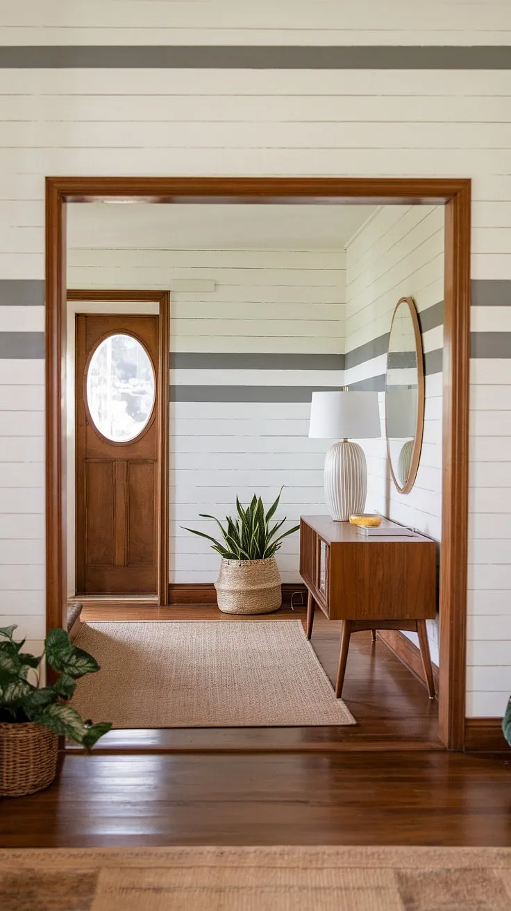 Step into a mid-century modern dream. The warm wood floors, subtly striped walls, and the soft glow of the lamp create an inviting atmosphere, perfectly complemented by the natural textures of the woven basket and lush greenery. A timeless elegance that effortlessly blends classic design with contemporary comfort.
