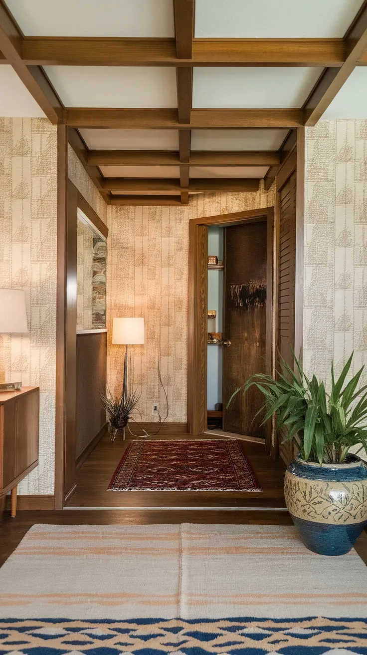 Step into a world of mid-century modern elegance. The warm wood tones of the entryway, complemented by the subtle beige wallpaper and a touch of greenery, create a welcoming and sophisticated atmosphere. A perfectly placed floor lamp adds a touch of ambient light, enhancing the overall sense of calm and understated luxury. This is where style meets serenity.