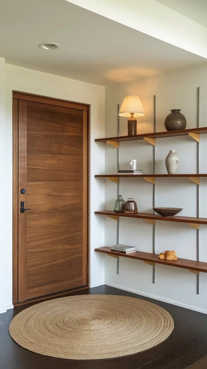 This mid-century modern foyer exudes understated elegance with its warm wood, clean lines, and curated vintage charm.