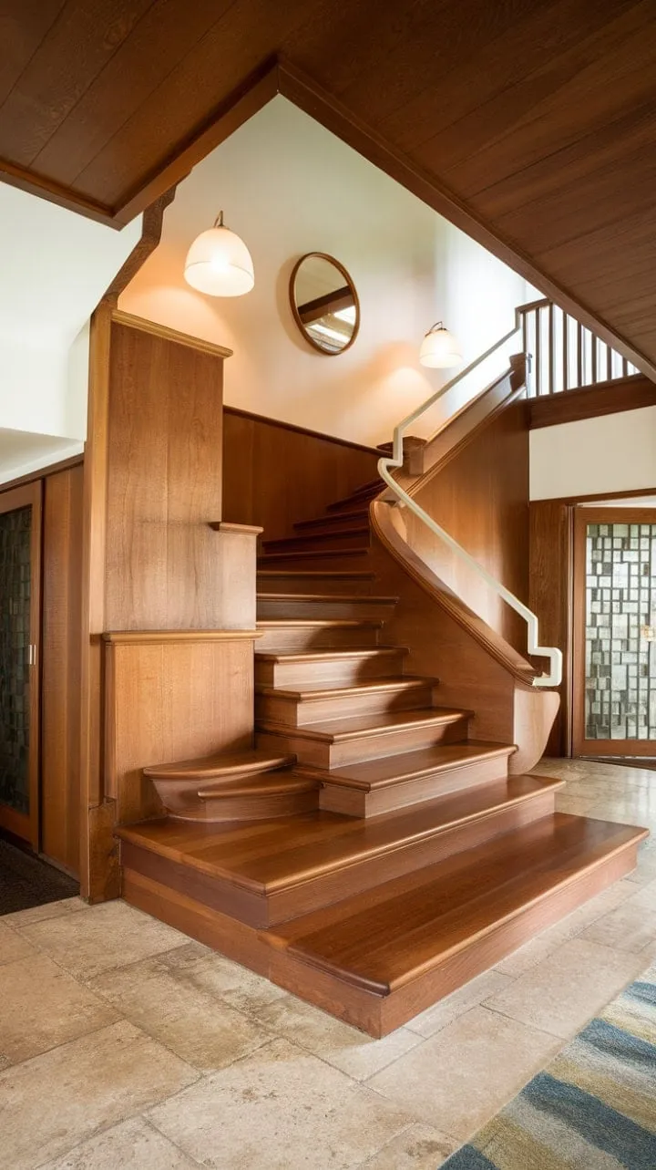 This mid-century foyer masterfully contrasts warm wood with cool tones, featuring an elegant staircase and lighting that transform the space into a captivating masterpiece.
