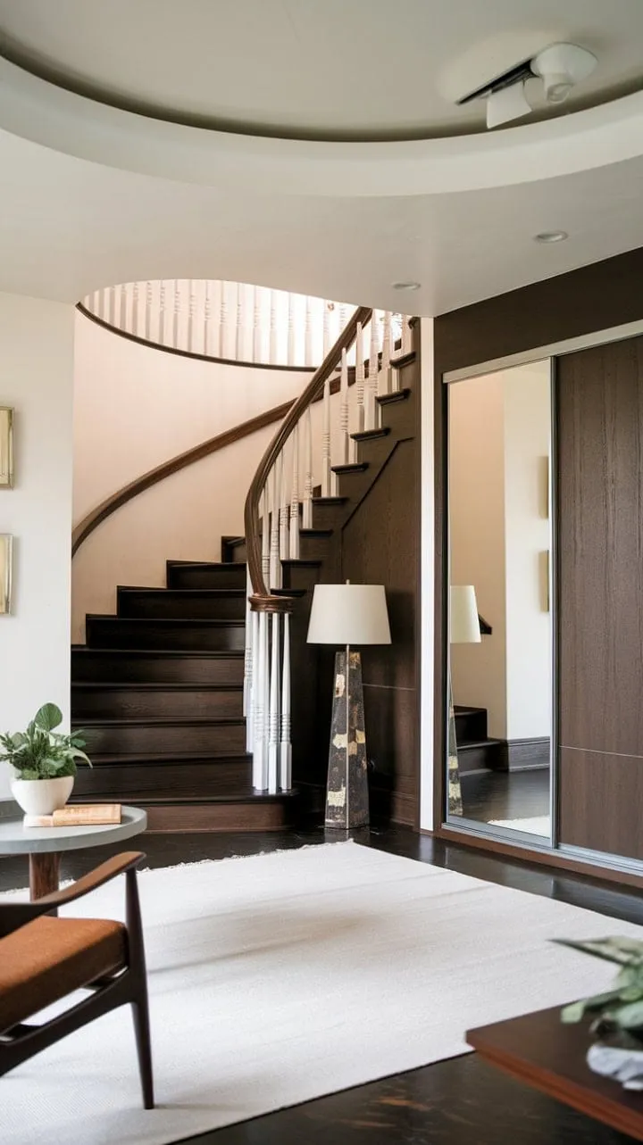 This mid-century foyer masterfully combines sleek design and practicality, creating a sophisticated yet inviting space that beautifully balances rich materials with natural elements.