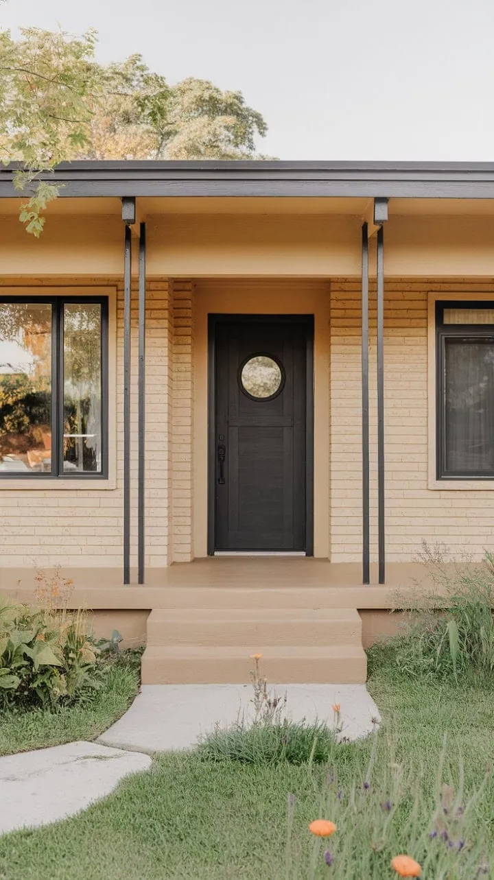 This renovated bungalow masterfully fuses midcentury modern charm with contemporary elegance, featuring warm beige walls, striking black accents, and a vibrant garden that invites effortless chic living.