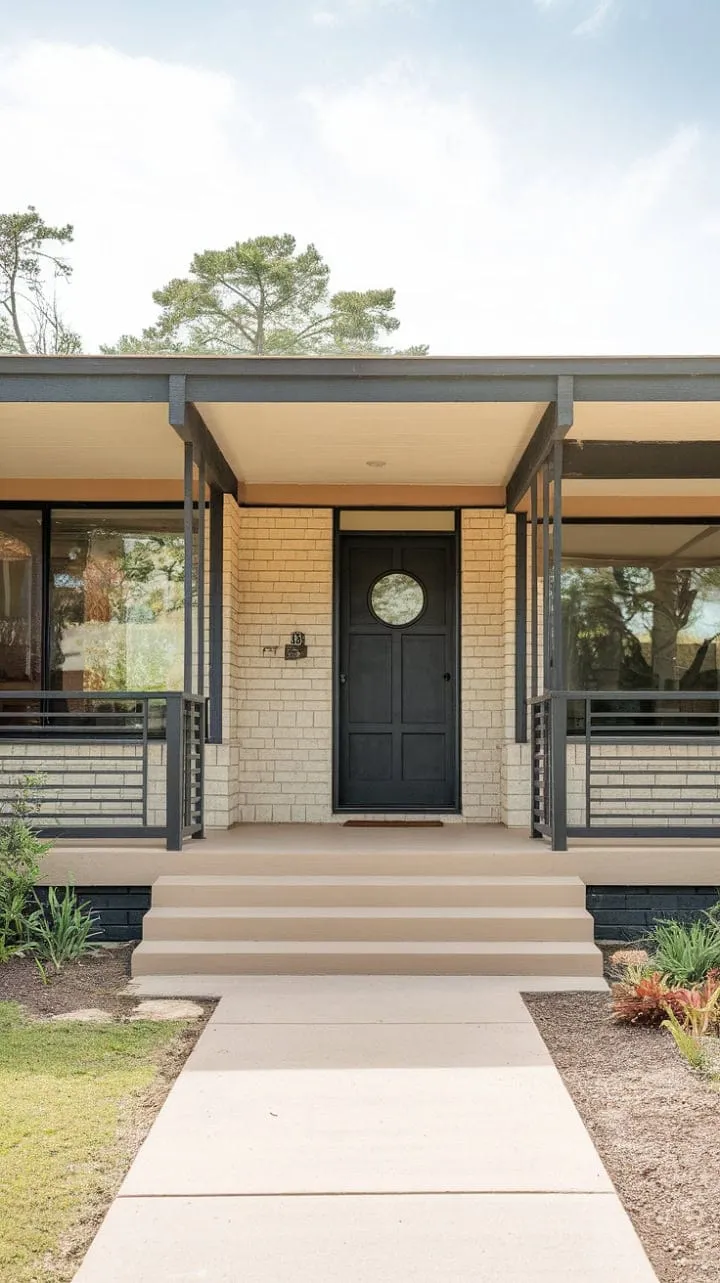 This mid-century masterpiece captivates with its elegant beige exterior and striking black accents, inviting you to experience a harmonious blend of style and purpose through its expansive windows and welcoming porch.