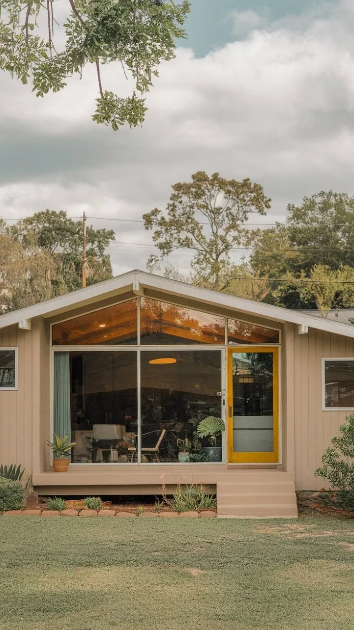 This mid-century modern home, with its warm beige facade and vibrant yellow door handle, harmoniously blends architectural elegance with a serene natural setting.