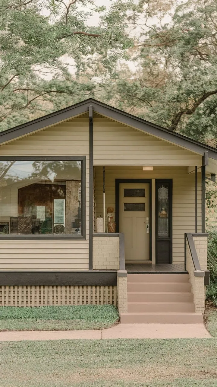 This mid-century modern bungalow harmoniously blends architectural elegance with serene landscapes, showcasing timeless design through its inviting porch and expansive windows.