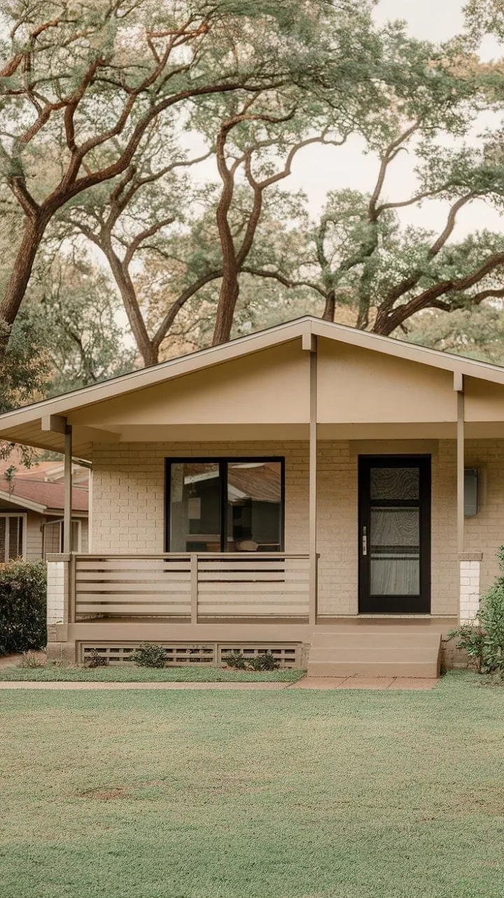 This mid-century modern home, with its sunlit simplicity and striking black door, invites you into a serene sanctuary of cherished memories.