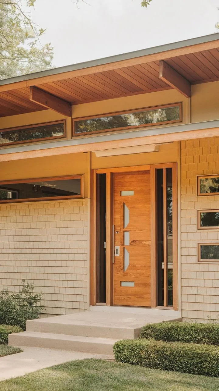 This mid-century modern gem, with its warm wood tones and inviting porch, embodies timeless elegance amidst a perfectly manicured lawn.