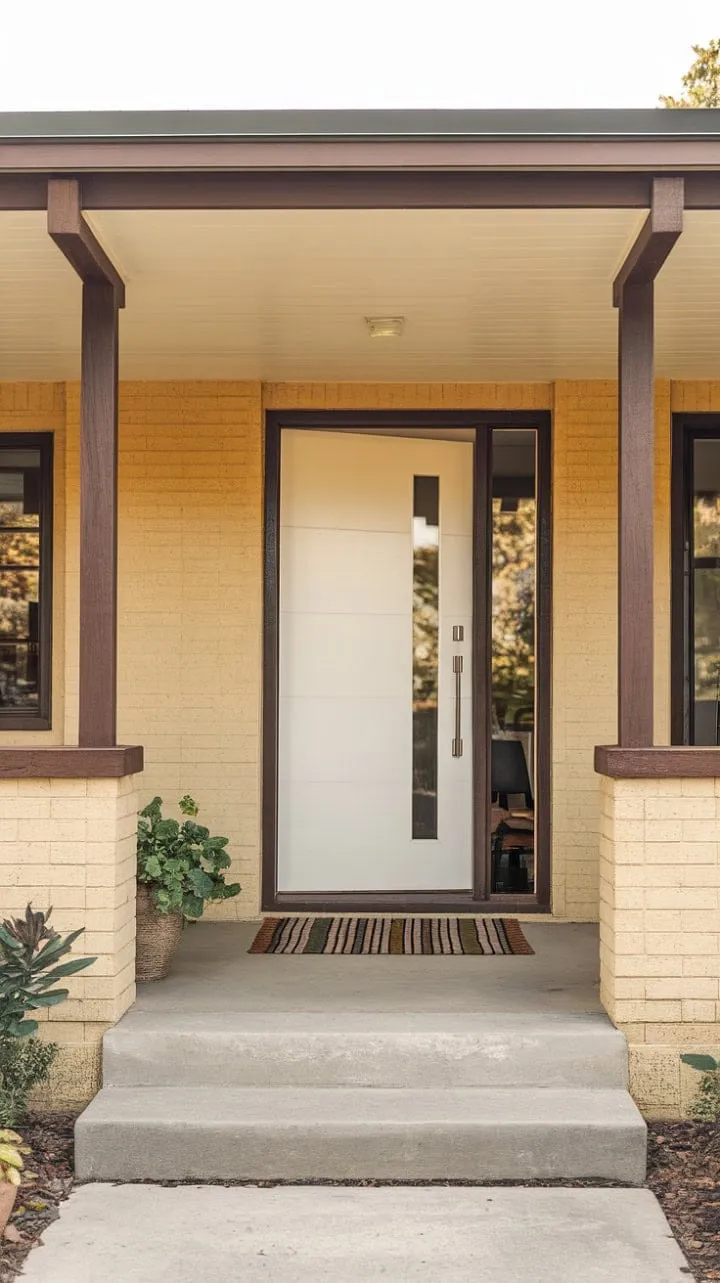 This mid-century modern home, with its warm beige walls and dark brown accents, invites you to linger on its charming porch adorned with potted plants and cozy rugs.