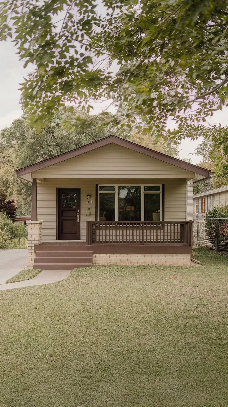 A picture-perfect example of mid-century modern architecture, this charming bungalow sits serenely amidst a landscape of vibrant green. The dark brown door and porch railing add a touch of elegance, creating a welcoming atmosphere. A home that effortlessly blends classic design with contemporary appeal.