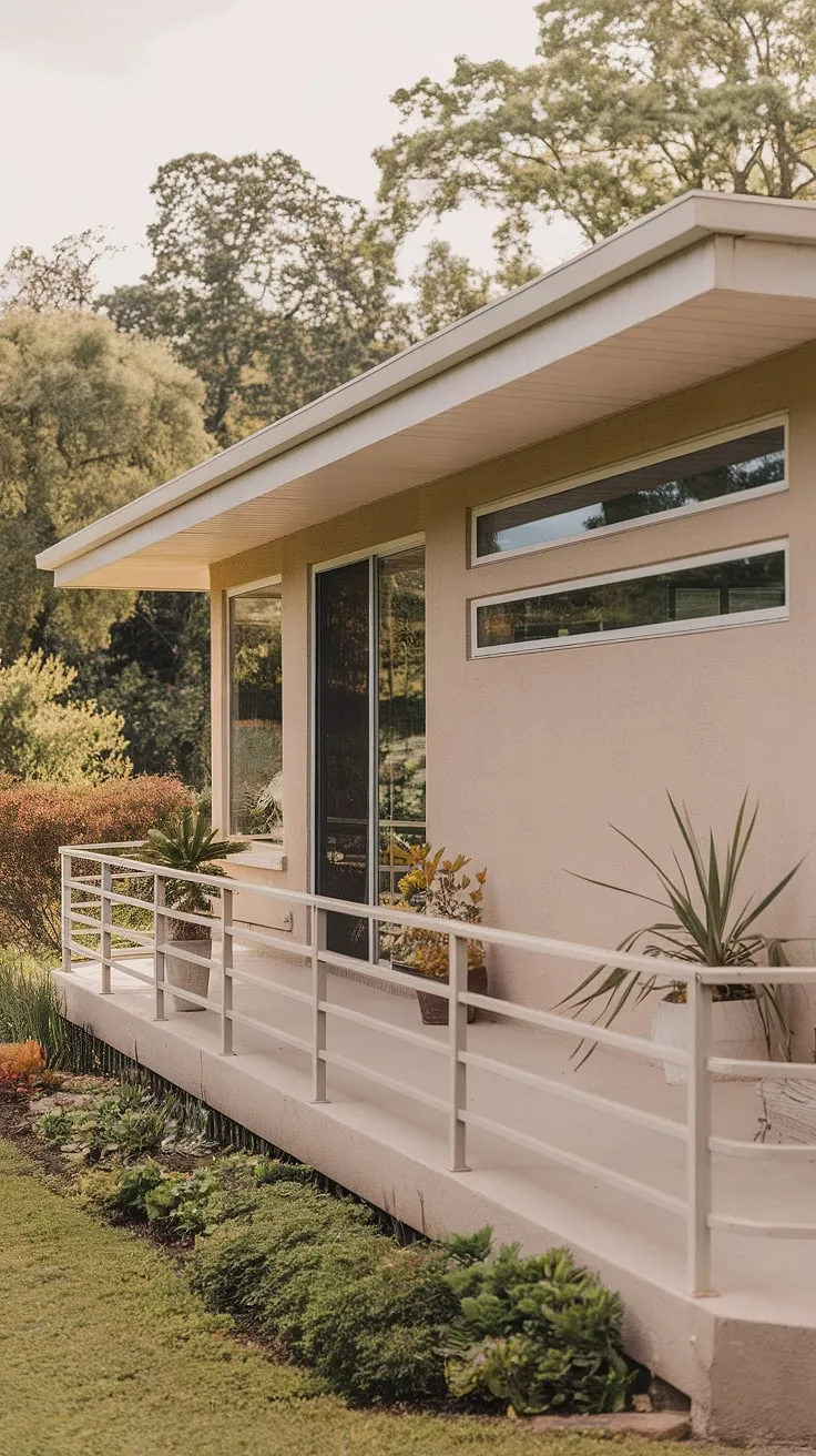This mid-century modern home's beige facade and flat roof are beautifully framed by the vibrant green landscape. A white railing encircles the porch, offering a peaceful spot to enjoy the view. A testament to classic design and effortless charm.