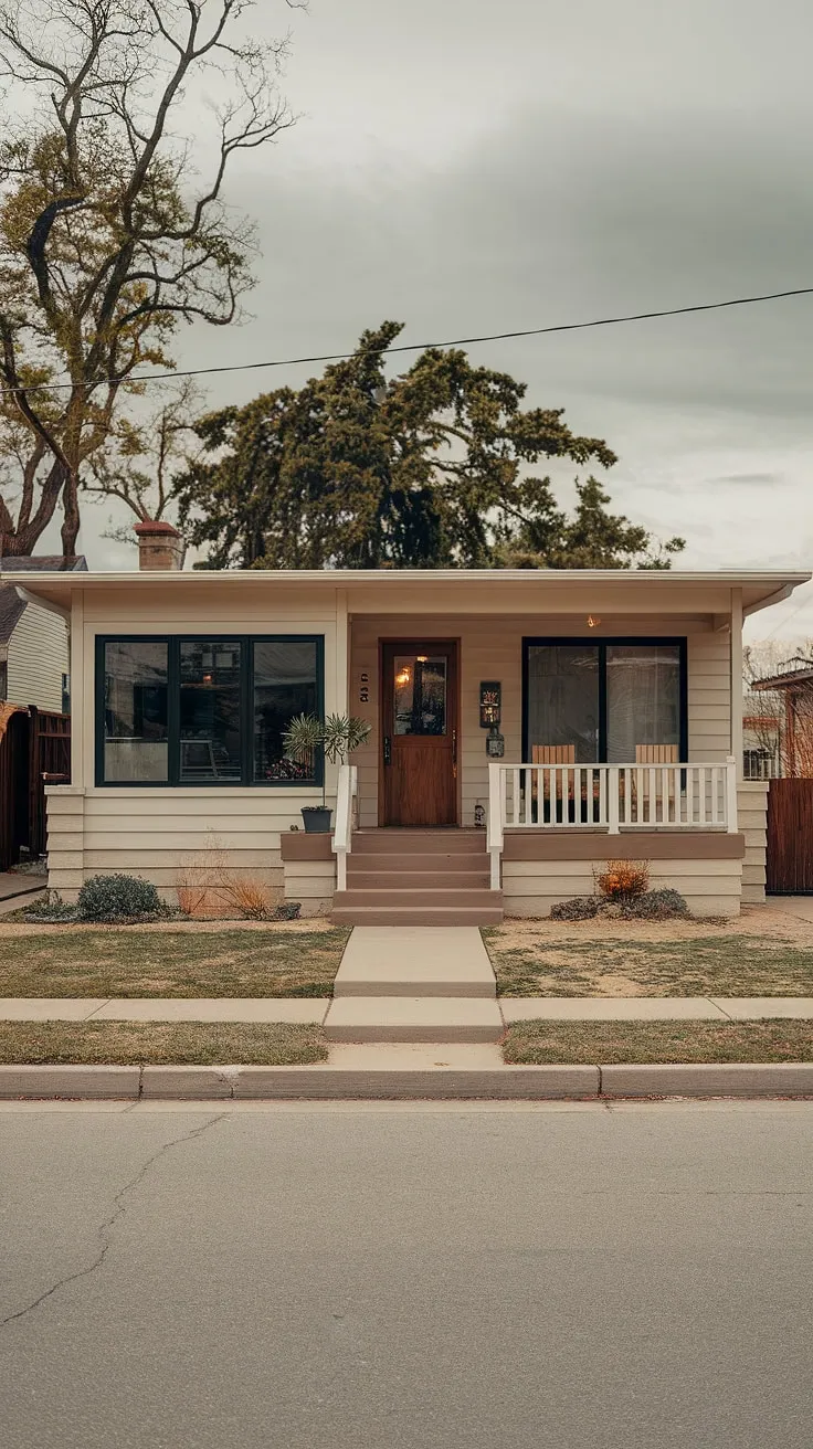 A picture-perfect example of mid-century modern design, this home exudes understated sophistication. The subtle details, from the white porch railing to the carefully chosen potted plants, speak volumes about the homeowner's appreciation for thoughtful design and tranquil living. A true testament to enduring style.