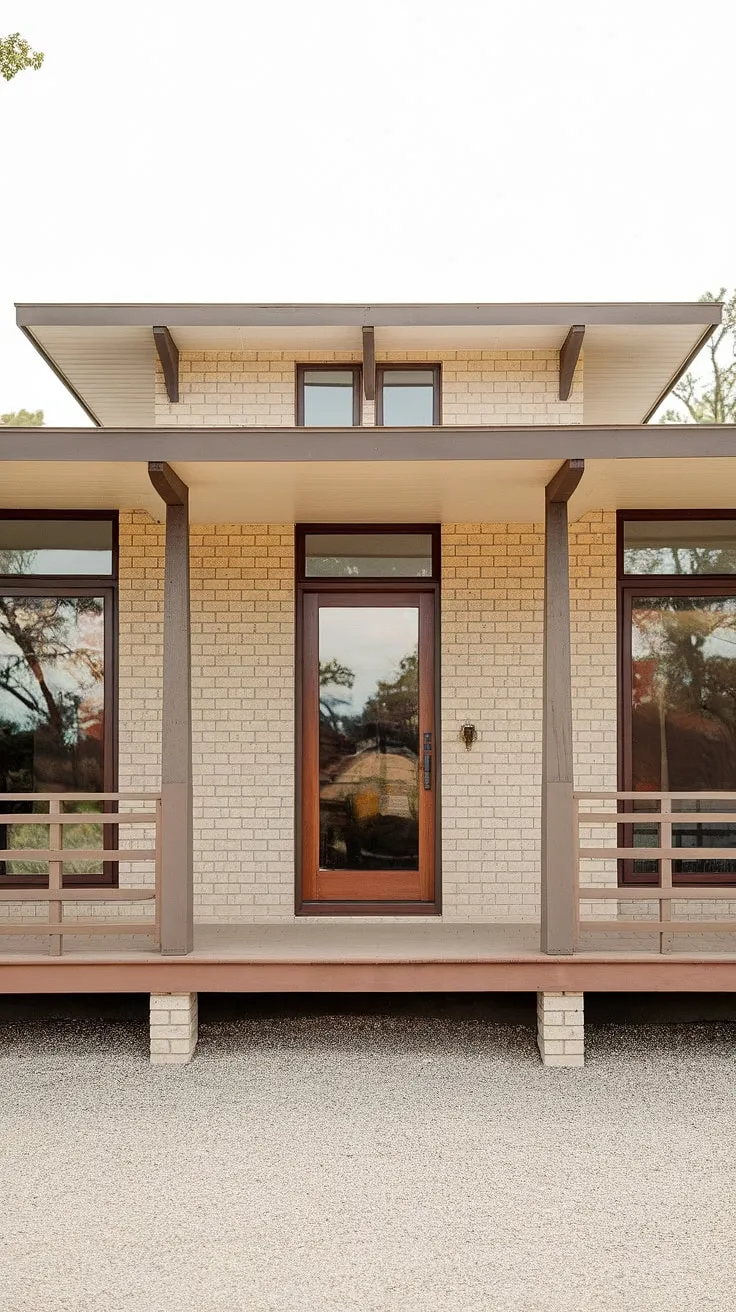 A picture-perfect example of mid-century modern architecture. The symmetrical facade, flat roof, and expansive windows create a sense of airy openness. A charming front porch, supported by sturdy pillars, offers a welcoming space to relax and enjoy the surroundings. The subtle contrast between the light beige exterior and the dark brown detailing is simply stunning. A home that effortlessly marries form and function.
