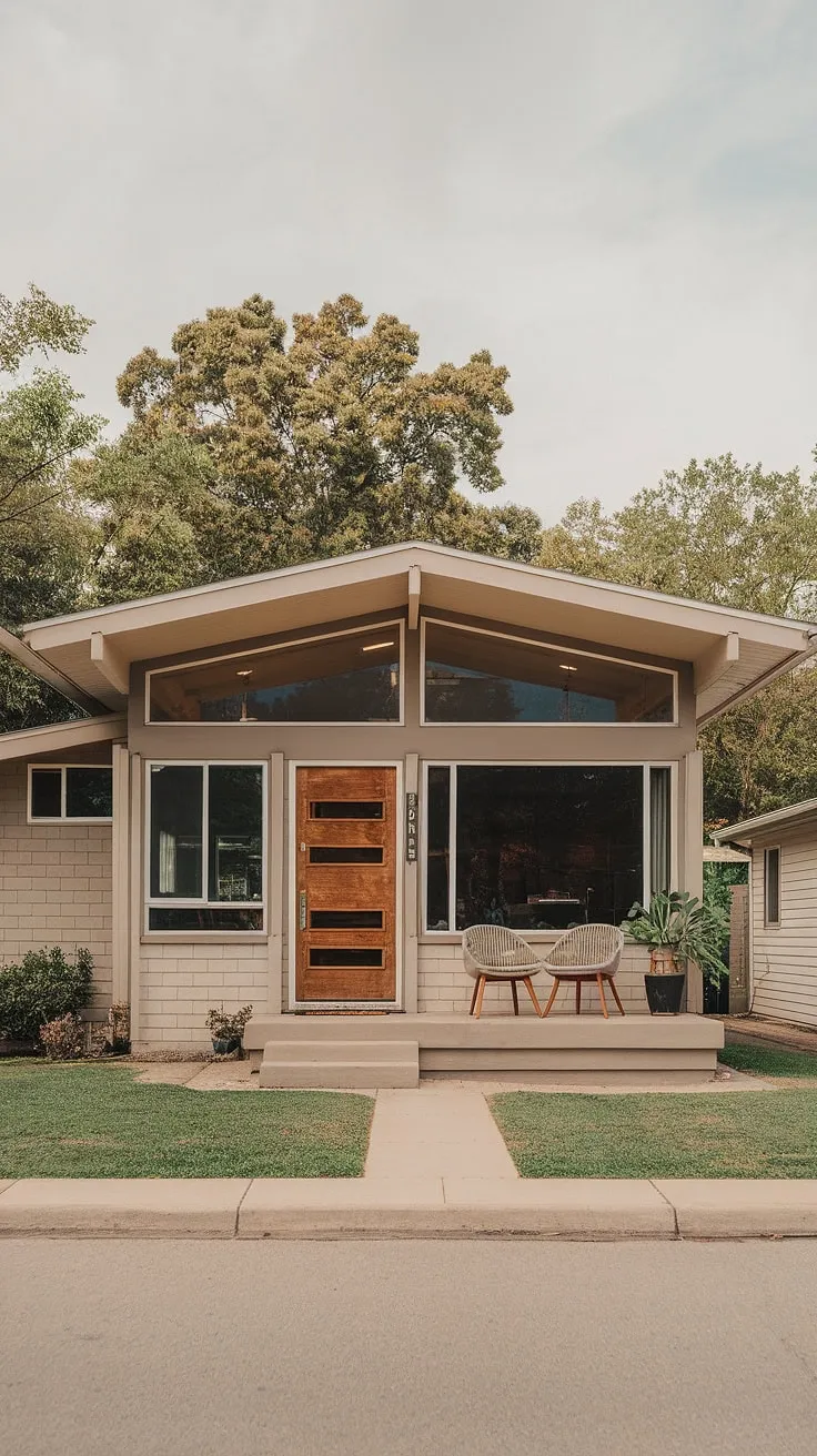 This mid-century modern gem, with its unique roofline and expansive windows, perfectly captures the era's love of clean lines and natural light. The inviting front porch, complete with comfortable seating and a touch of greenery, promises quiet evenings and warm conversations. A true testament to timeless design.