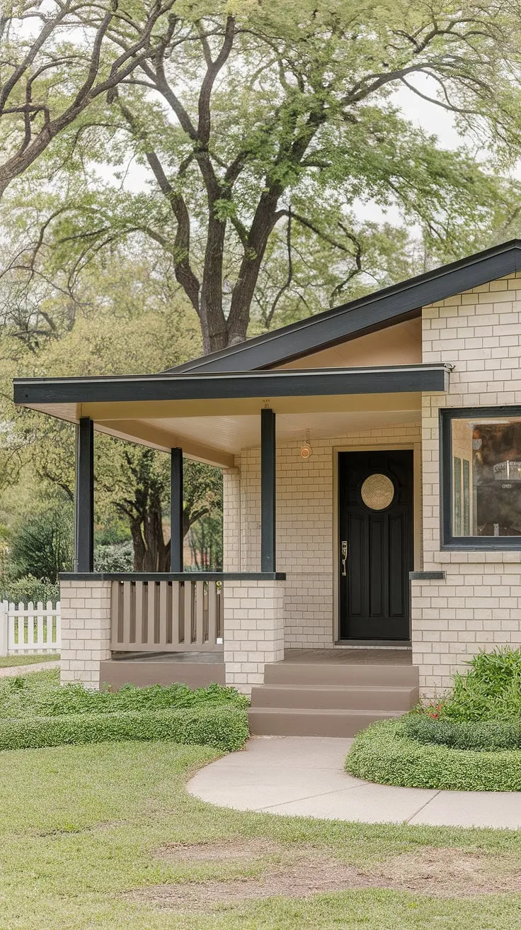 This mid-century modern gem, with its sleek black accents and inviting porch, perfectly blends classic design with tranquil surroundings. The lush landscape and charming picket fence complete the idyllic picture. A testament to timeless architecture and peaceful living.