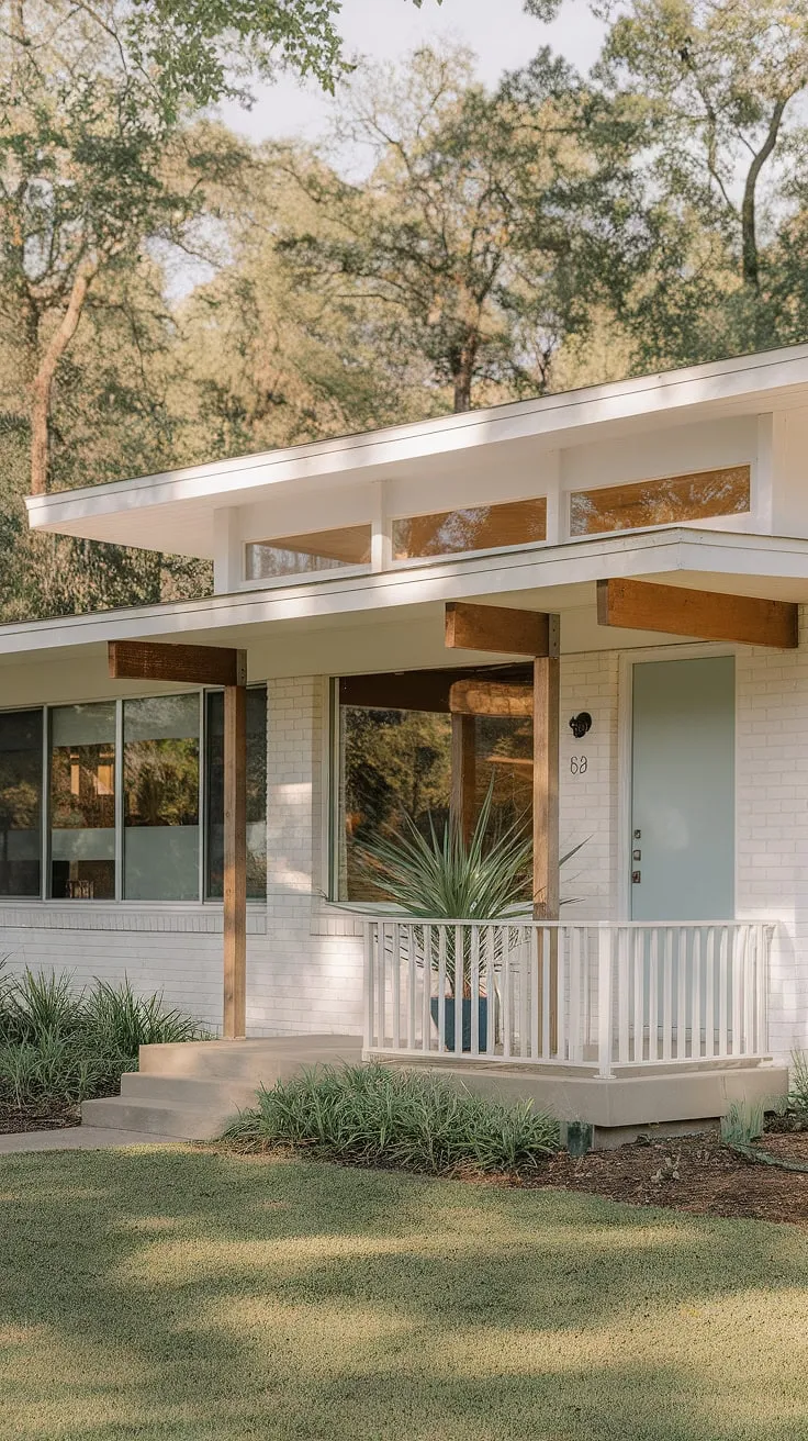 A picture-perfect example of mid-century modern architecture. The clean lines, expansive windows, and charming porch, complete with potted plant, create a welcoming and stylish home. A dream realized in this beautifully preserved space.