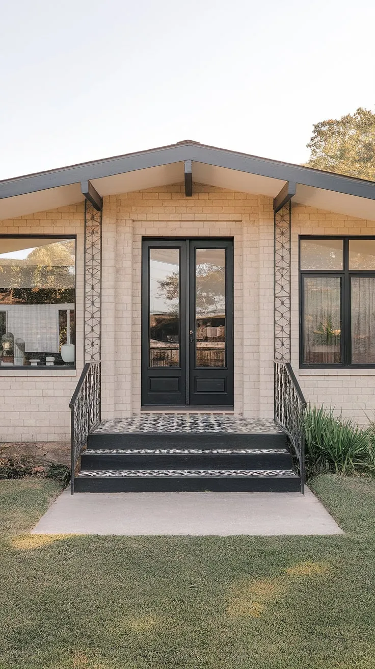 Mid-century modern dreams are made of this: clean lines, a welcoming porch, and a timeless elegance that speaks to the soul. The black and white patterned floor adds a touch of unexpected whimsy to this perfectly curated home.