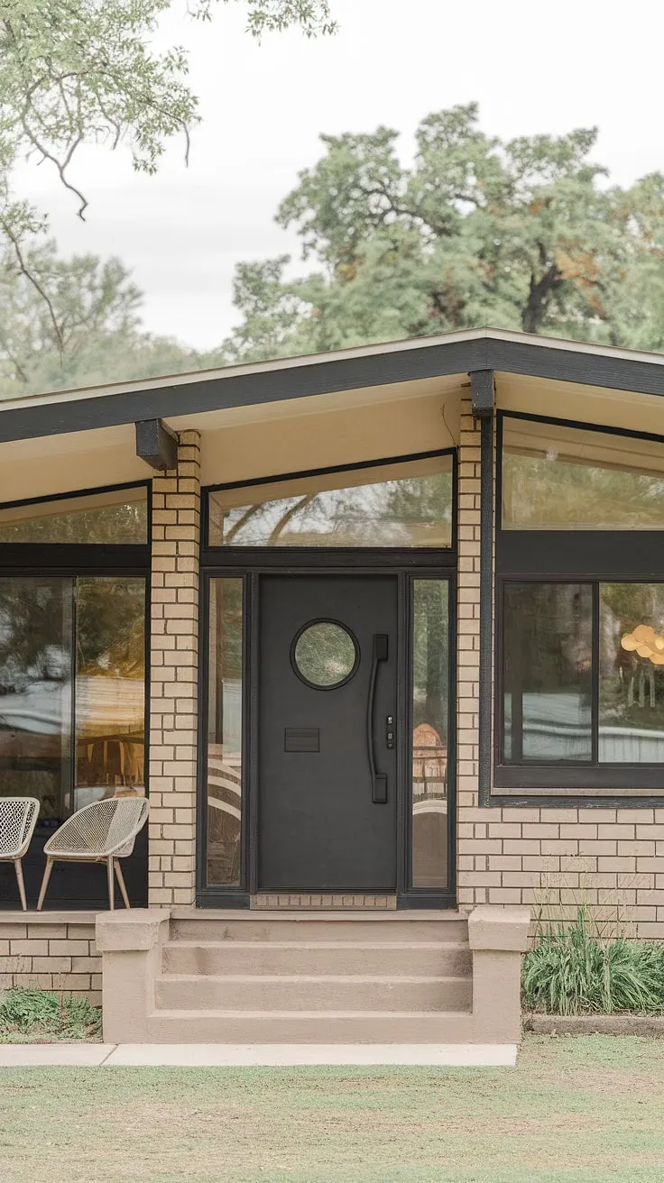 A picture-perfect example of mid-century modern living. The home's understated elegance is undeniable, from the sleek black door with its circular window to the spacious porch, perfect for relaxing evenings. The surrounding greenery complements the architectural style, creating a tranquil and inviting atmosphere. A dream home realized.