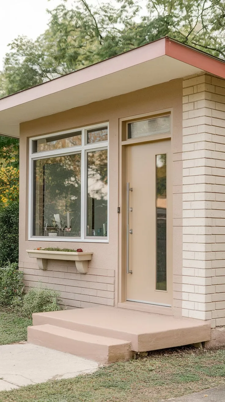 This mid-century modern home, with its gentle slope and beige exterior, invites you to linger. A small planter box adds a touch of nature to the minimalist facade, while the surrounding greenery provides a peaceful backdrop. A testament to architectural grace.