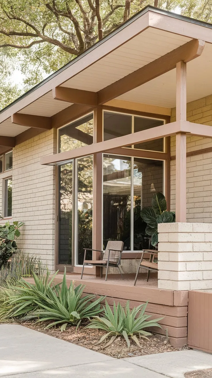 Sunlight bathes the clean lines of this mid-century masterpiece. The subtle interplay of wood and concrete, accented by carefully placed greenery, creates a welcoming atmosphere. A tranquil oasis, this home offers a sanctuary from the everyday. A dream realized in architectural detail.