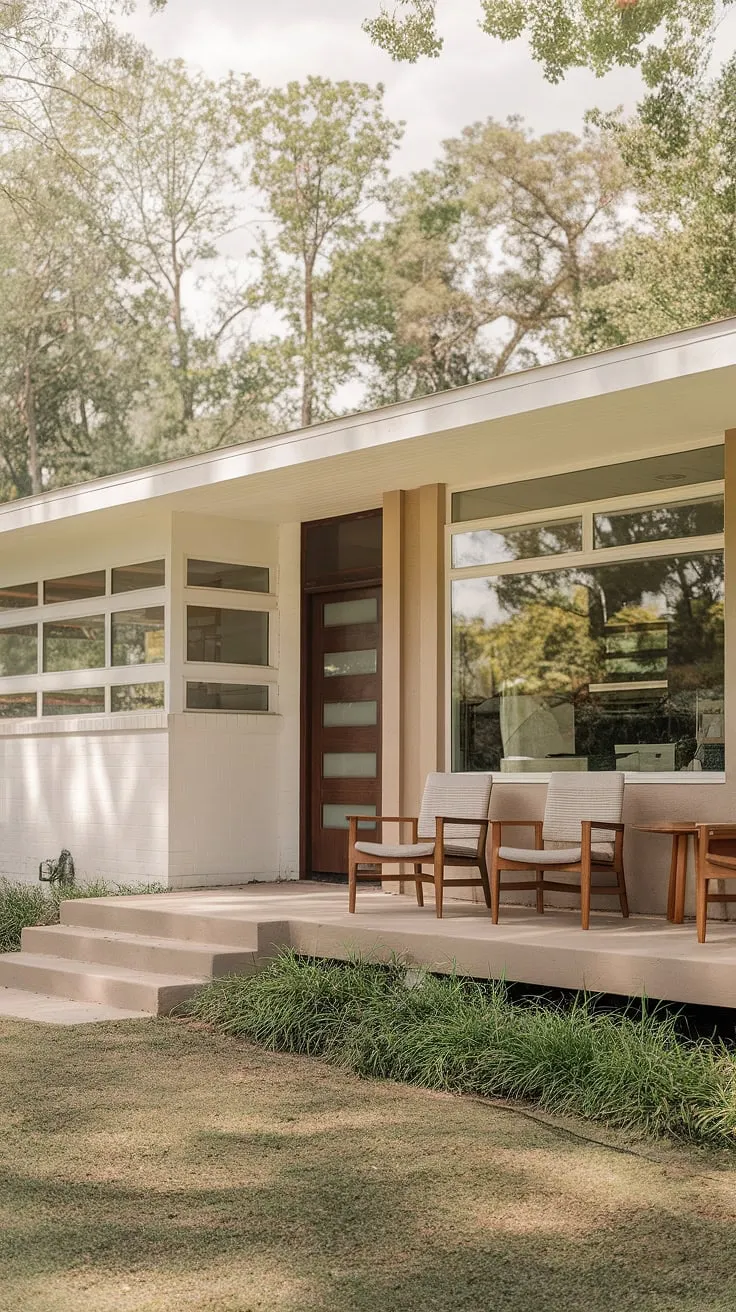 Step back in time and experience the tranquility of mid-century modern living. This home, with its clean lines and expansive windows, offers a serene escape, perfectly complemented by the lush greenery and inviting porch-a true testament to timeless design. The warm beige and white exterior, accented by a rich dark wood door, creates a welcoming atmosphere.