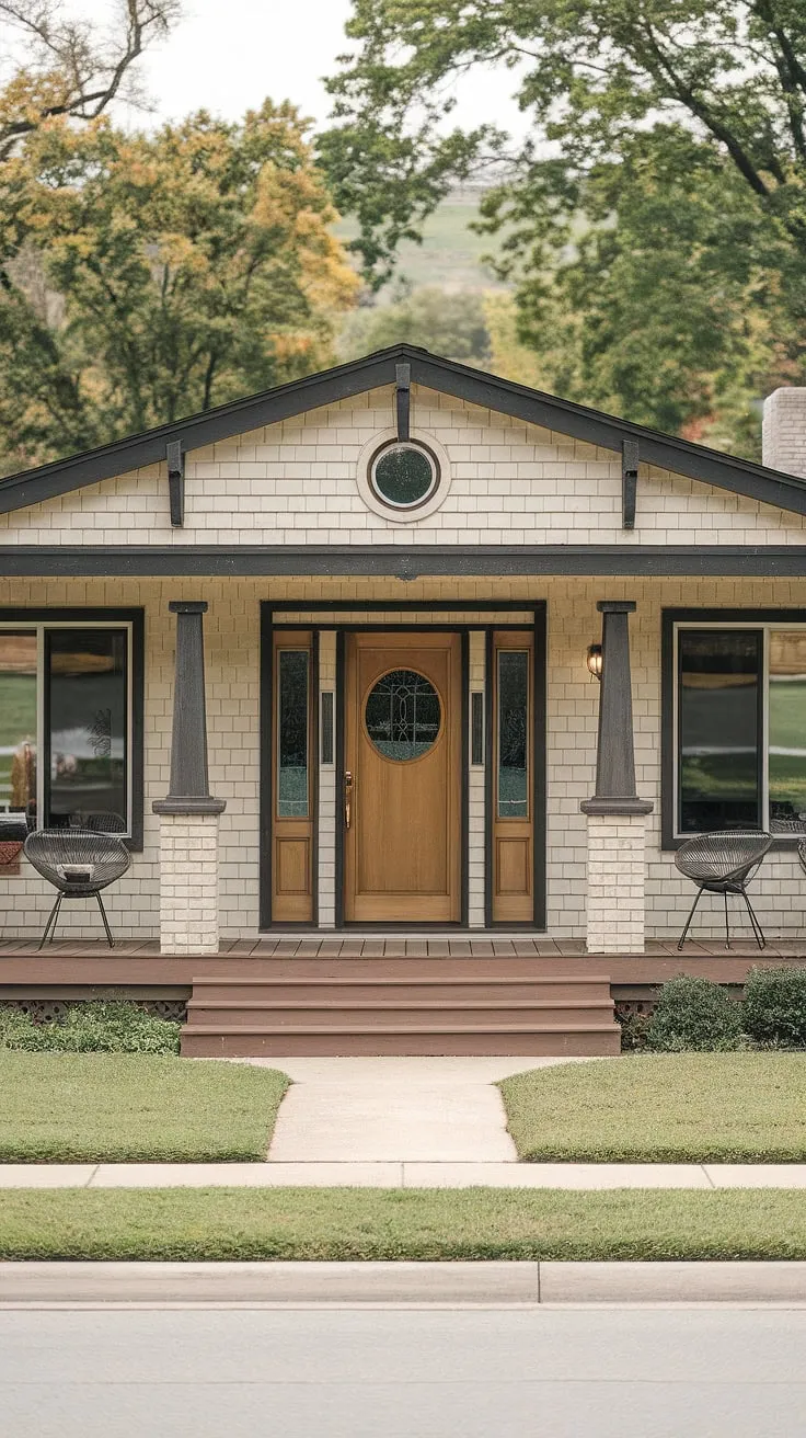 This beautifully preserved mid-century modern home exudes a sense of calm and sophistication. The beige facade, accented by crisp black trim, is complemented by the rich wood of the front door and porch. A circular window above the door adds an intriguing architectural detail. A perfect example of how classic design can seamlessly blend with modern living, creating a space that is both stylish and inviting.