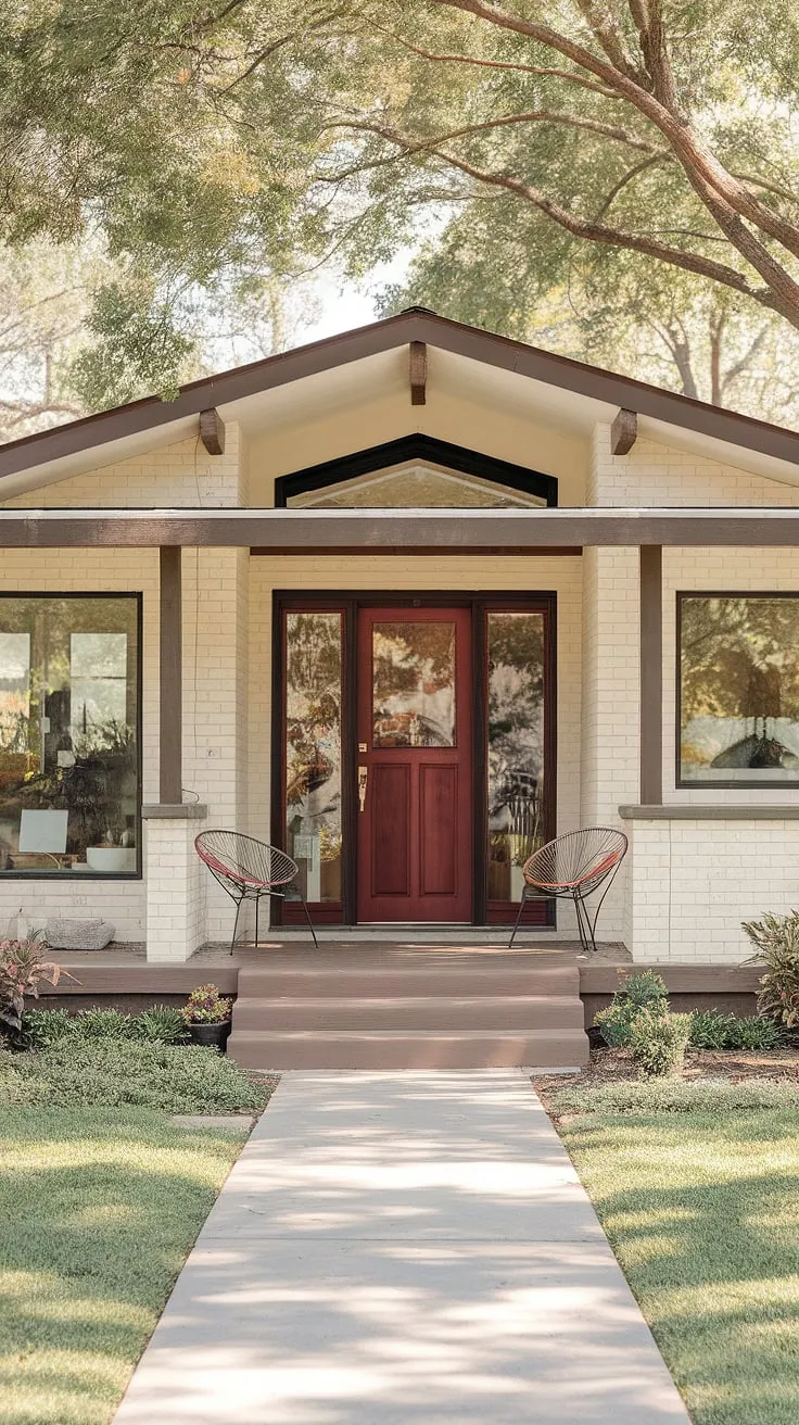 This mid-century modern gem, with its warm beige walls and striking red door, invites you to relax on the shaded porch. The perfectly manicured landscaping and thoughtful architectural details create a tranquil atmosphere, a true testament to timeless design. A haven of peace and style awaits.