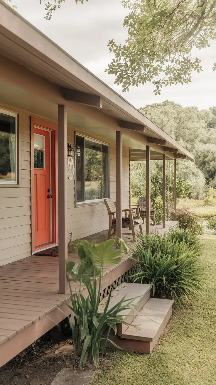 Step back in time and into this mid-century modern dream. The warm beige exterior, vibrant orange door, and lush green surroundings create a tranquil escape; a perfect blend of classic design and peaceful living. A welcoming porch, adorned with greenery and comfortable wooden chairs, invites you to unwind and soak in the serenity. A true testament to timeless architecture.