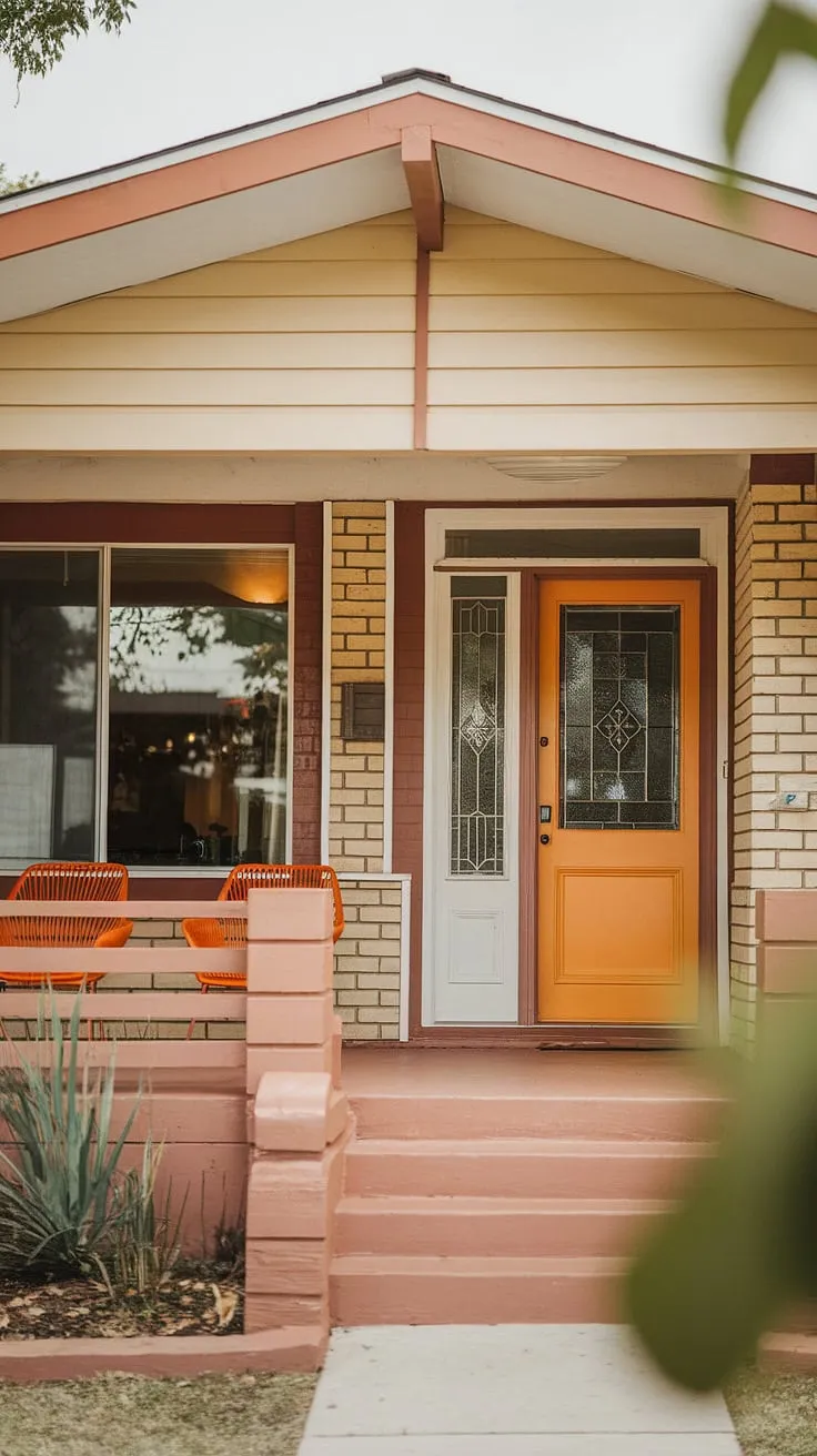 Sun-drenched afternoons and mid-century charm perfectly blend in this cozy bungalow. The warm orange accents, from the inviting front door to the porch furniture, create a welcoming atmosphere, a true testament to the era's design sensibilities. A perfect place to unwind and enjoy the simple things.