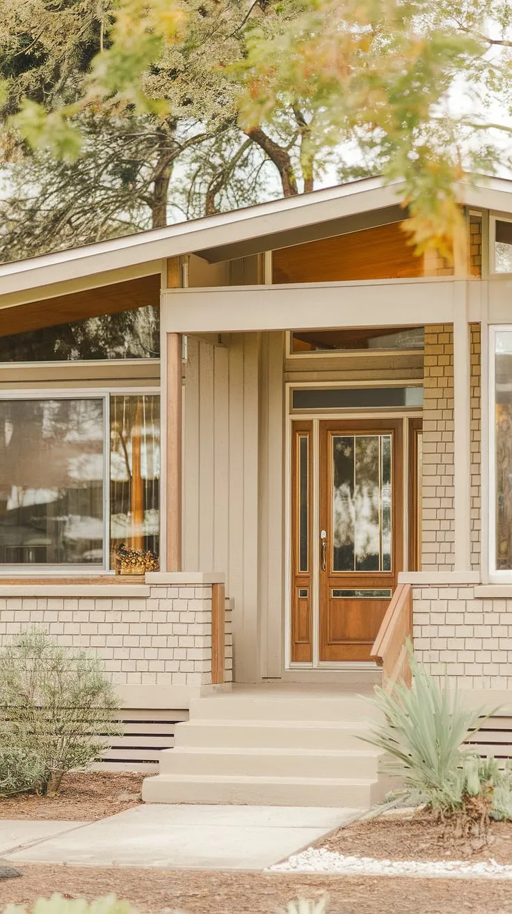 Step back in time and into this charming mid-century modern bungalow. The warm hues of the wood paneling and the inviting front porch create a sense of timeless elegance, a perfect blend of classic design and comfortable living. A true testament to architectural grace.