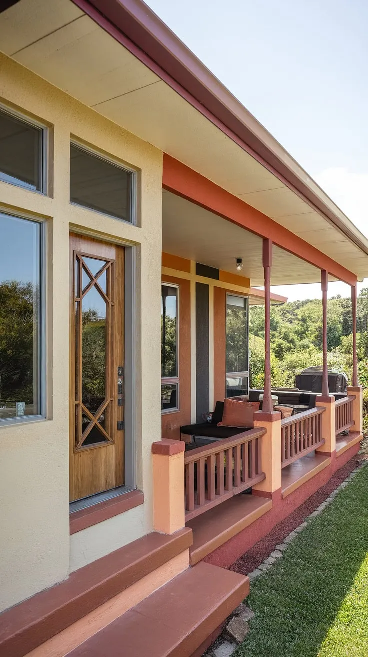 This stunning mid-century modern home is a masterpiece of design. The warm, earthy tones of beige, orange, and brown create a welcoming atmosphere, while the large windows flood the interior with natural light. A perfect blend of form and function, this house offers both style and comfort. A place to relax, entertain, and appreciate the beauty of the surrounding landscape. A home that truly embodies the spirit of mid-century living.