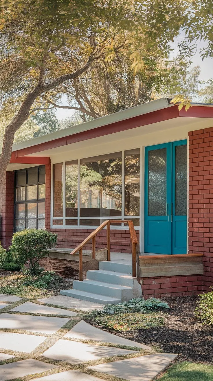 Step back in time and into this mid-century modern gem, where classic red brick meets a vibrant turquoise front door, all nestled amongst a flourishing landscape. The meticulously preserved details, from the white trim to the wooden porch railing, speak to a timeless elegance. A true testament to architectural grace.