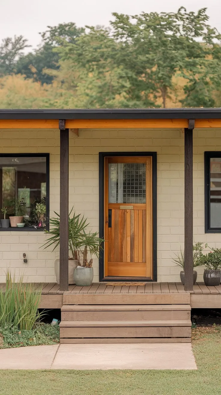 This mid-century modern gem, with its warm beige exterior and striking black accents, sits nestled amongst lush greenery, a testament to timeless design and peaceful living. The inviting wooden porch, adorned with potted plants, beckons you to step inside and experience the tranquility within. A perfect blend of architectural elegance and natural beauty.