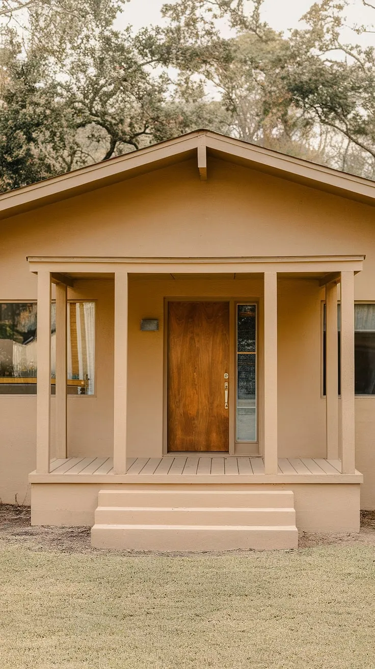 This mid-century modern home, bathed in the warm afternoon sun, exudes a timeless elegance. The simple lines and welcoming porch create a sense of calm and understated sophistication. A perfect example of classic design.