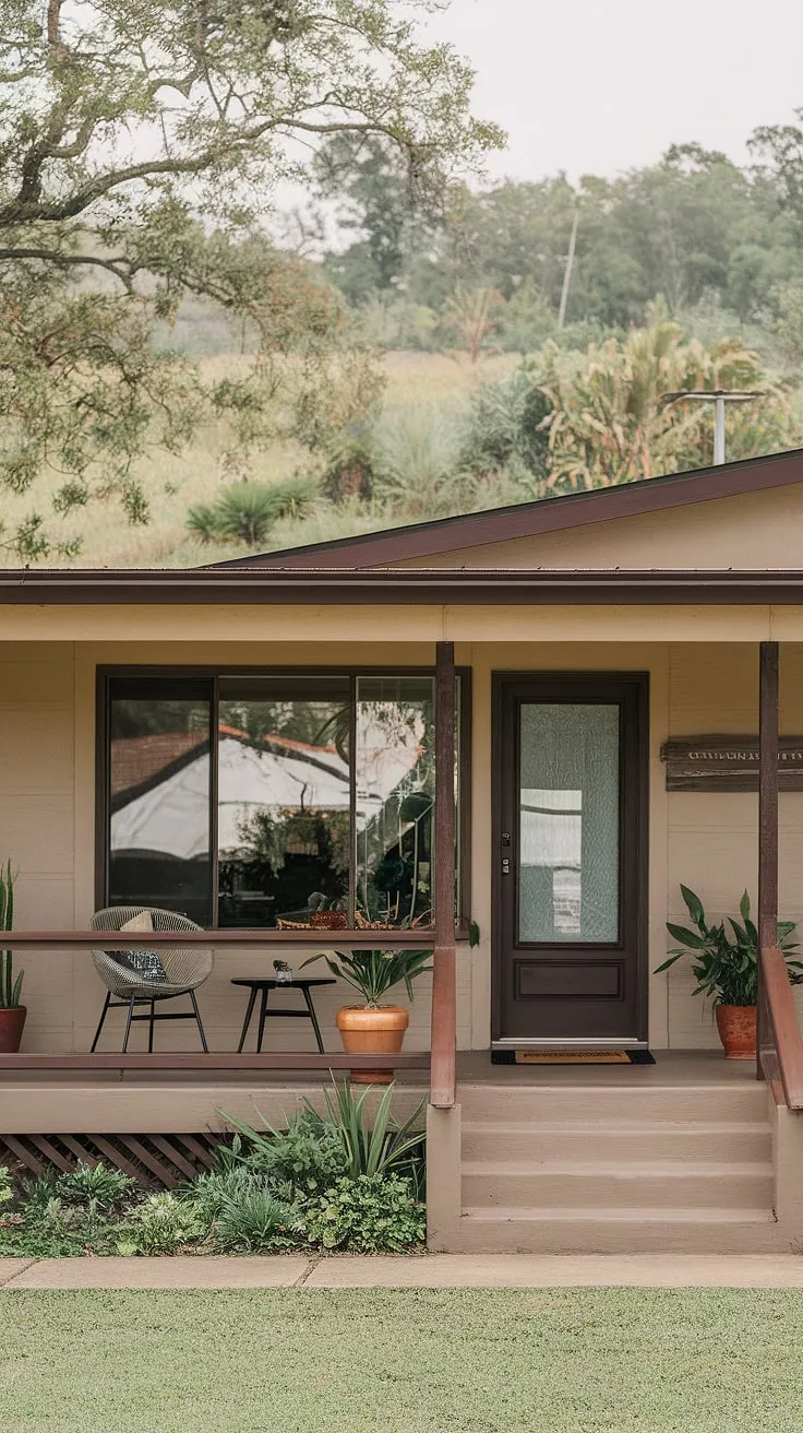 Step back in time and into this mid-century modern dream. The warm beige exterior, the inviting porch brimming with potted plants, and the lush green landscape create a tranquil escape. A perfect blend of classic design and peaceful living. A true testament to timeless architecture.
