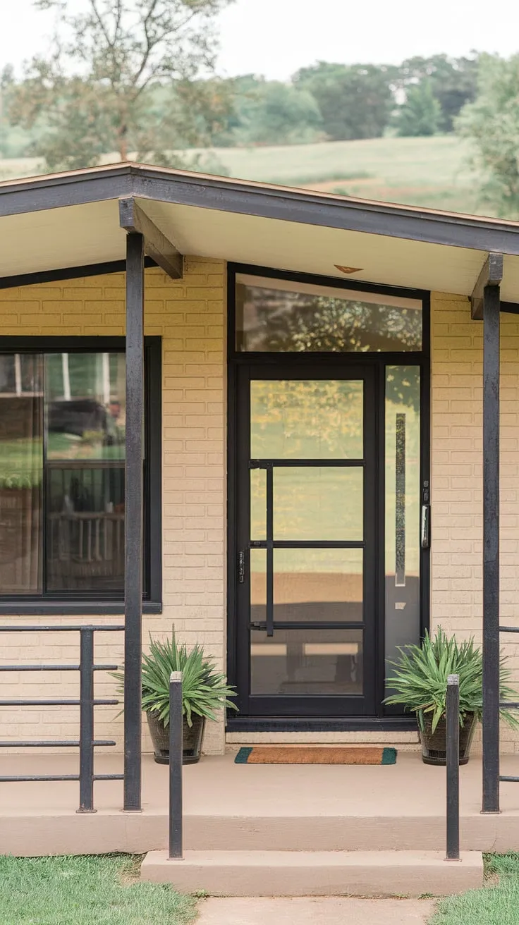 Mid-century modern meets tranquil landscape. The clean lines and black accents of this home, complemented by the lush greenery, create a sense of calm and sophisticated style. A perfect blend of architectural design and natural beauty. A true testament to timeless elegance.