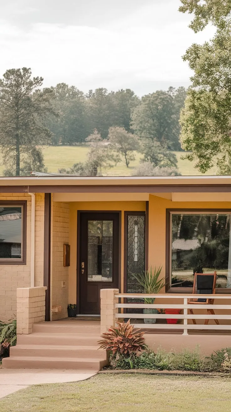 Step back in time and into this charming mid-century modern home, where classic design meets tranquil living. The warm beige exterior, accented by dark brown woodwork and lush greenery, creates a welcoming atmosphere. A perfect blend of architectural elegance and peaceful surroundings.