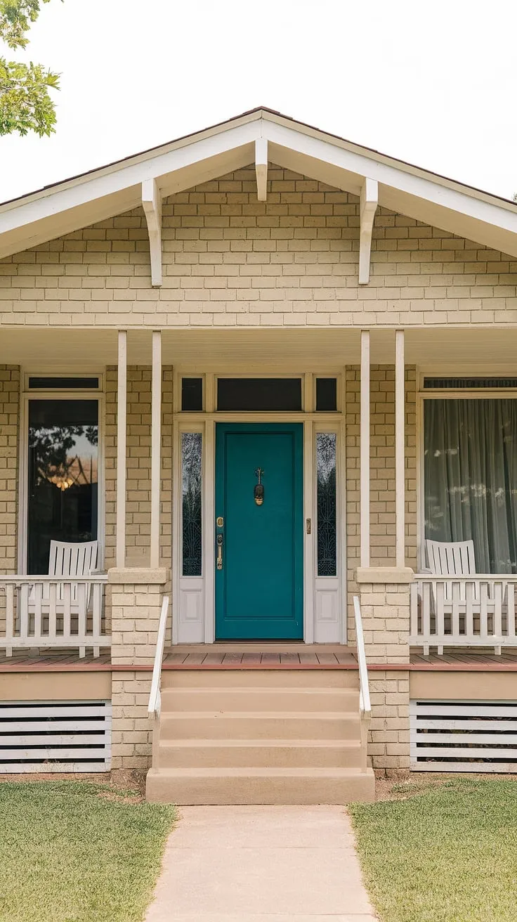 A charming mid-century modern home, its beige facade subtly highlighted by a vibrant teal front door. The spacious porch, complete with white columns and comfortable seating, offers a tranquil escape. A picture of understated elegance.