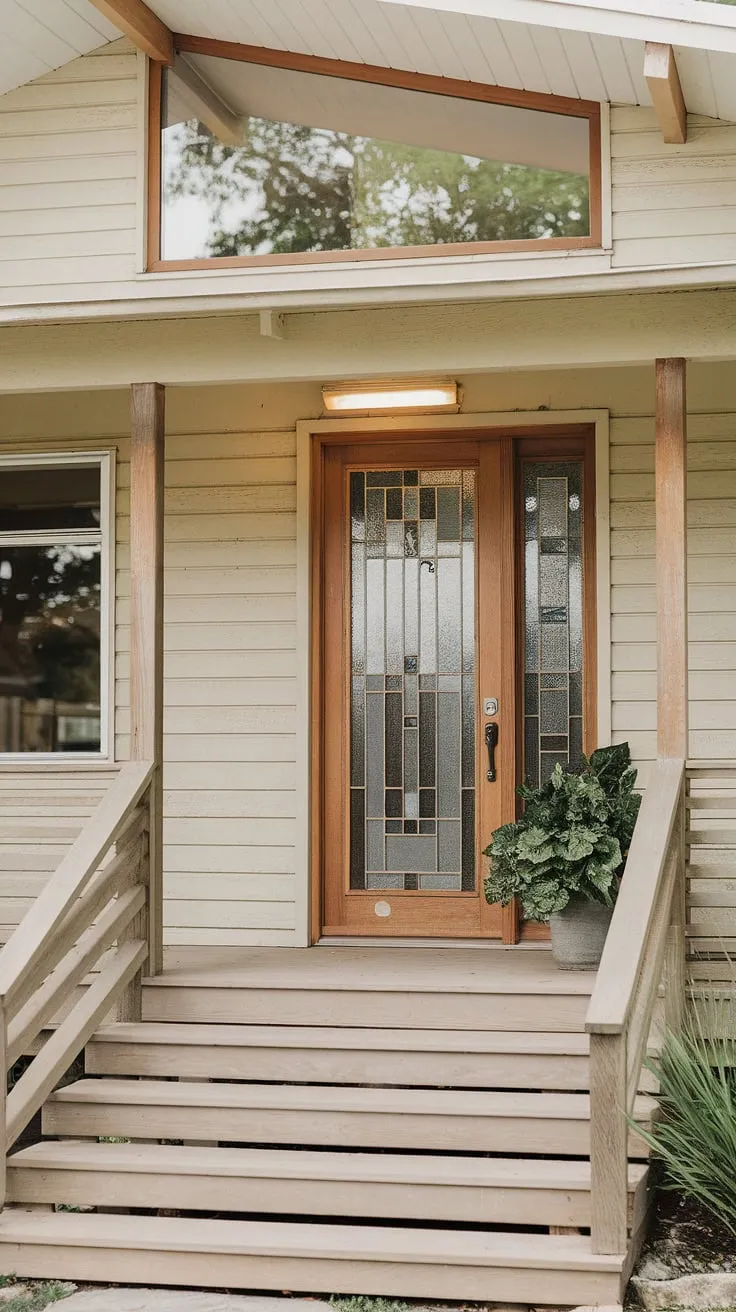 Step back in time on this mid-century modern porch, where the warm wood and expansive glass door invite you in. The simple elegance speaks volumes. A perfect blend of form and function, this home is a testament to timeless design. A tranquil oasis awaits within.